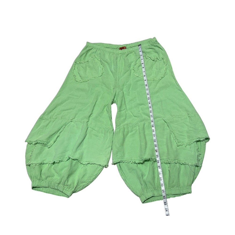 Green Cotton Gauze Balloon Pants Wide Leg Boho Lagenlook Elastic Waist Size L - Picture 6 of 10